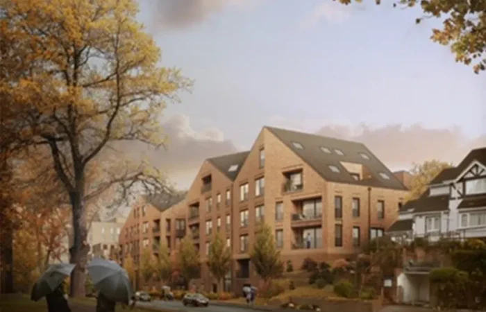 Autumn scene with modern residential buildings.