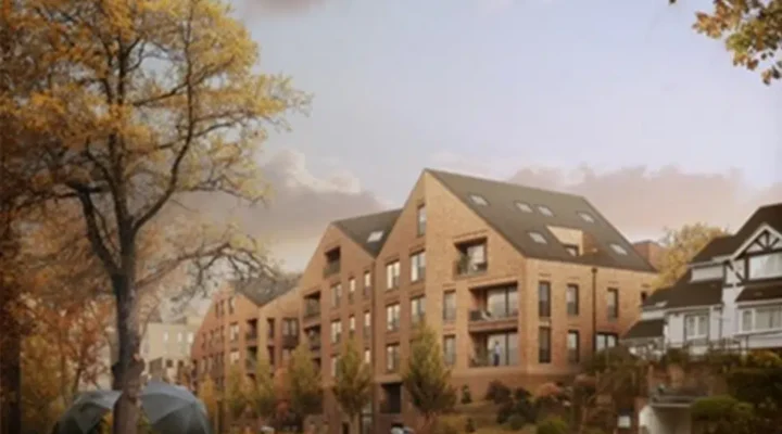 Autumn scene with modern residential buildings.