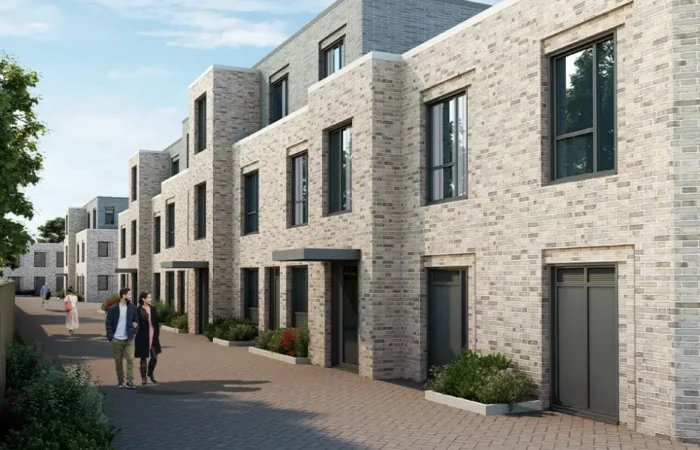 Modern terrace houses with people walking nearby