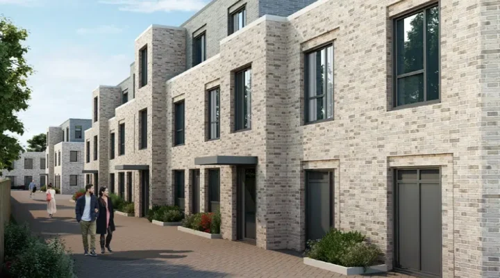 Modern terrace houses with people walking nearby