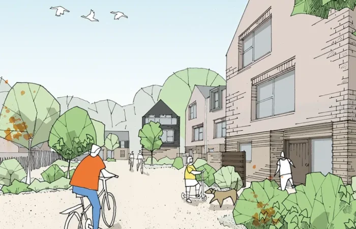 Illustrated community scene with people, buildings, and greenery.