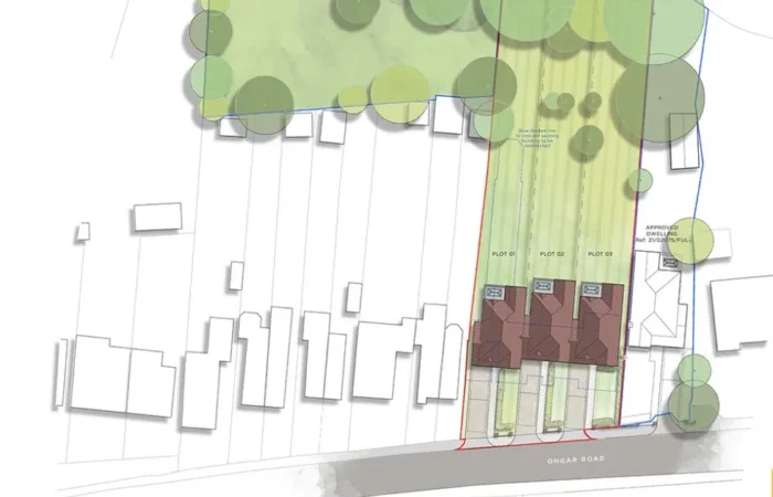Site layout plan with plots and trees.