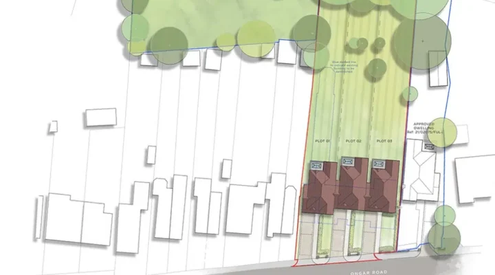 Site layout plan with plots and trees.