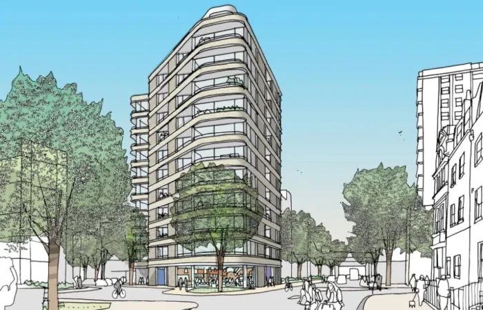 Sketch of modern city building with cyclists.