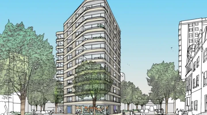 Sketch of modern city building with cyclists.