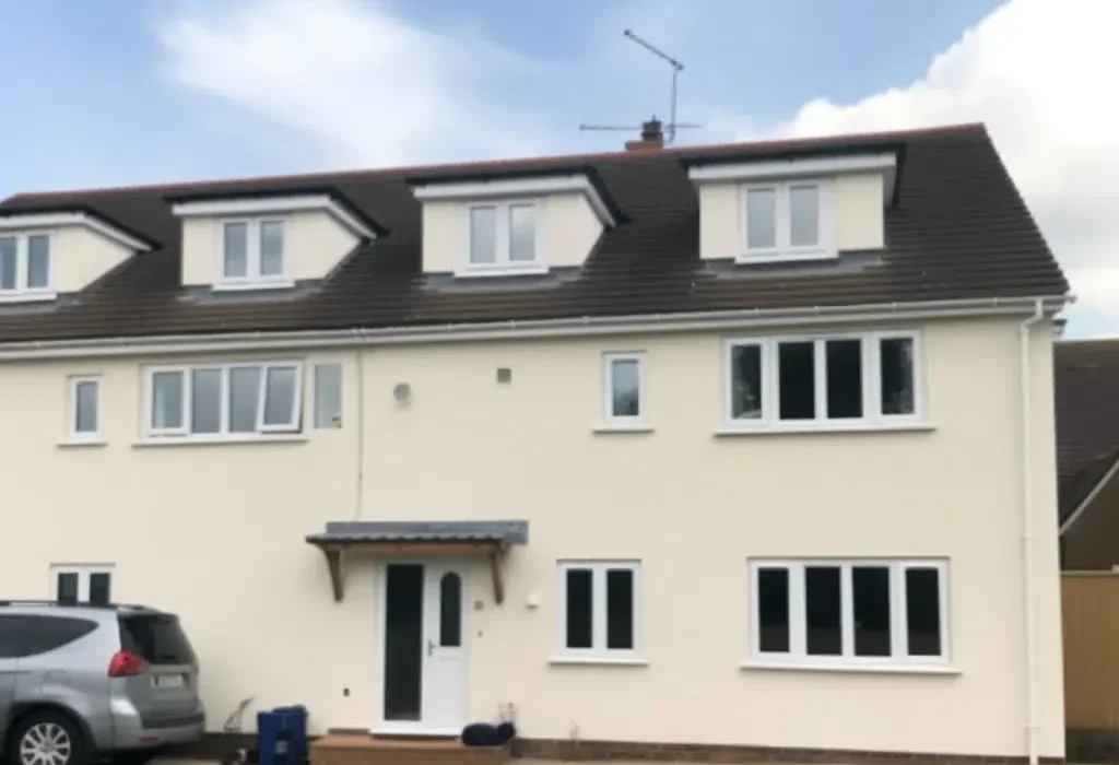 Large white house with dormer windows and parked car.