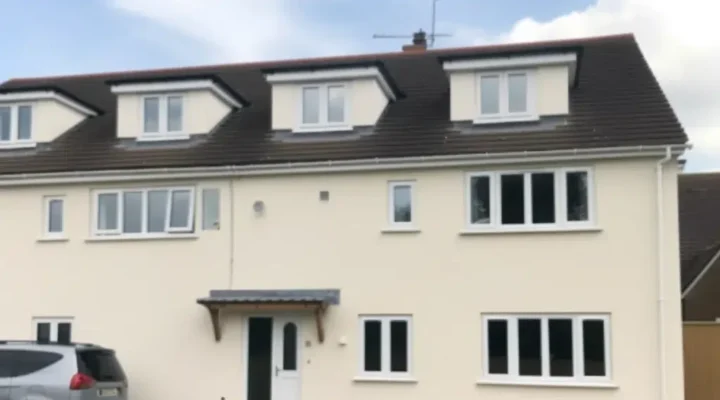 Large white house with dormer windows and parked car.