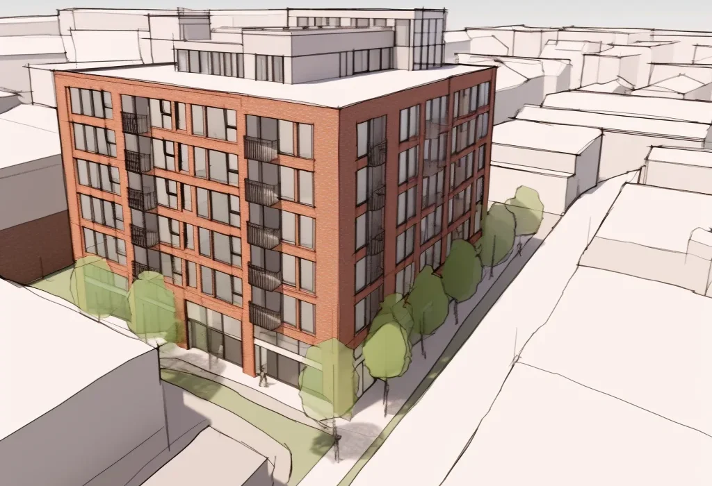 Architectural illustration of modern residential building.