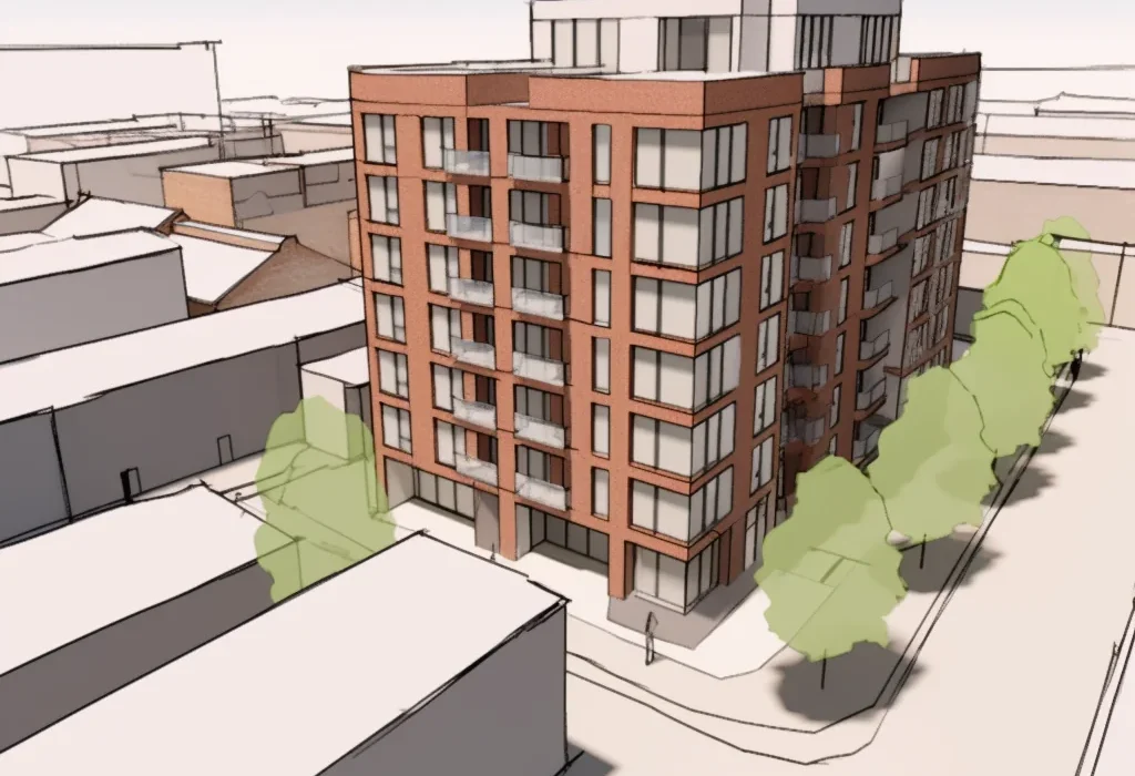 Modern residential building in urban street view.